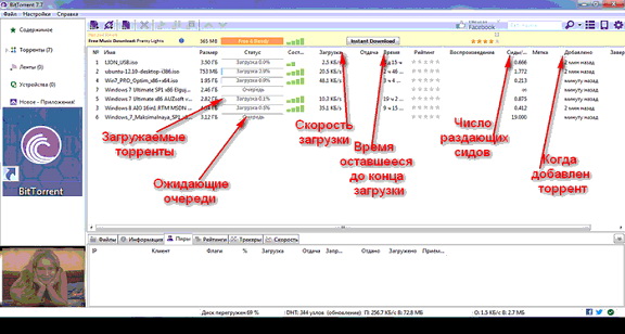 Сверху окна программы вы видите текущую скорость загрузки торрентов